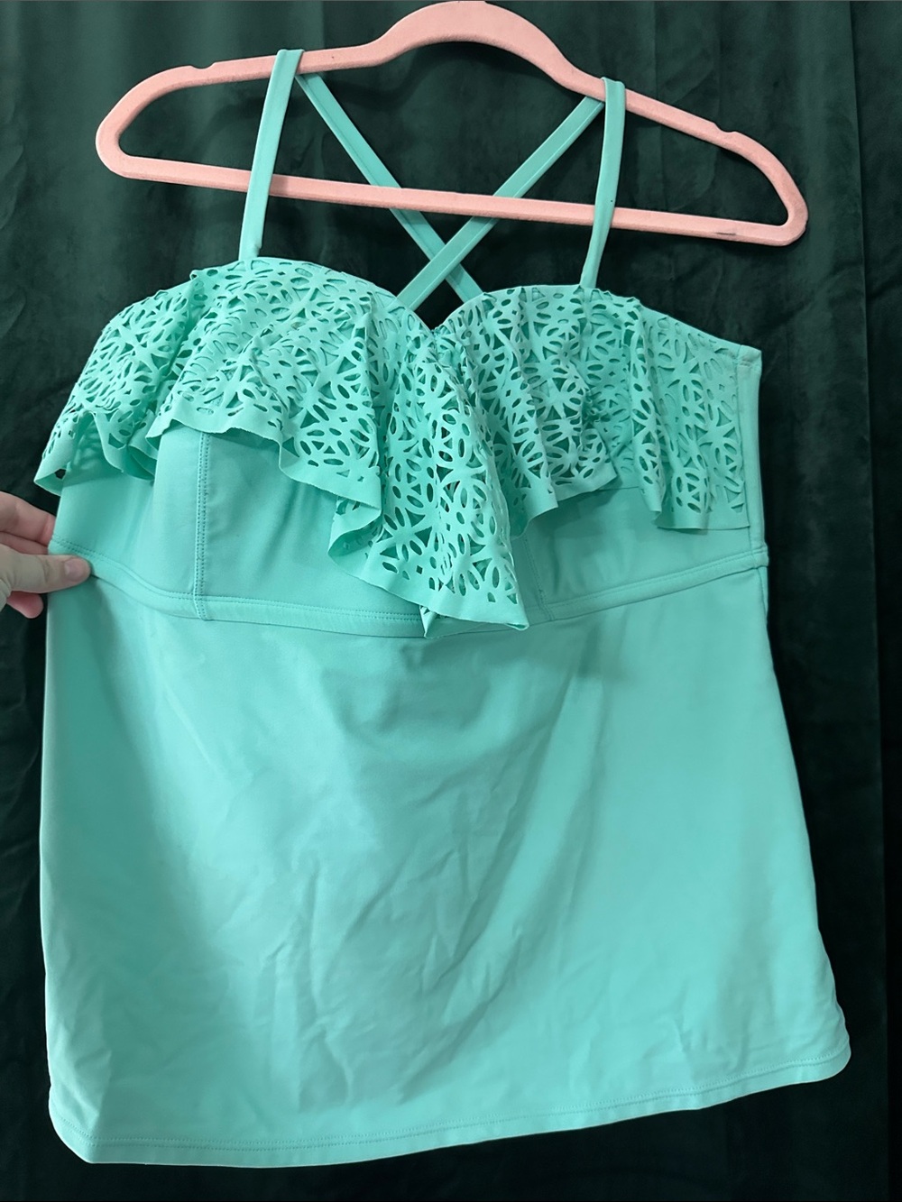 Mint Green Laser-Cut Ruffle Swim Tankini Top